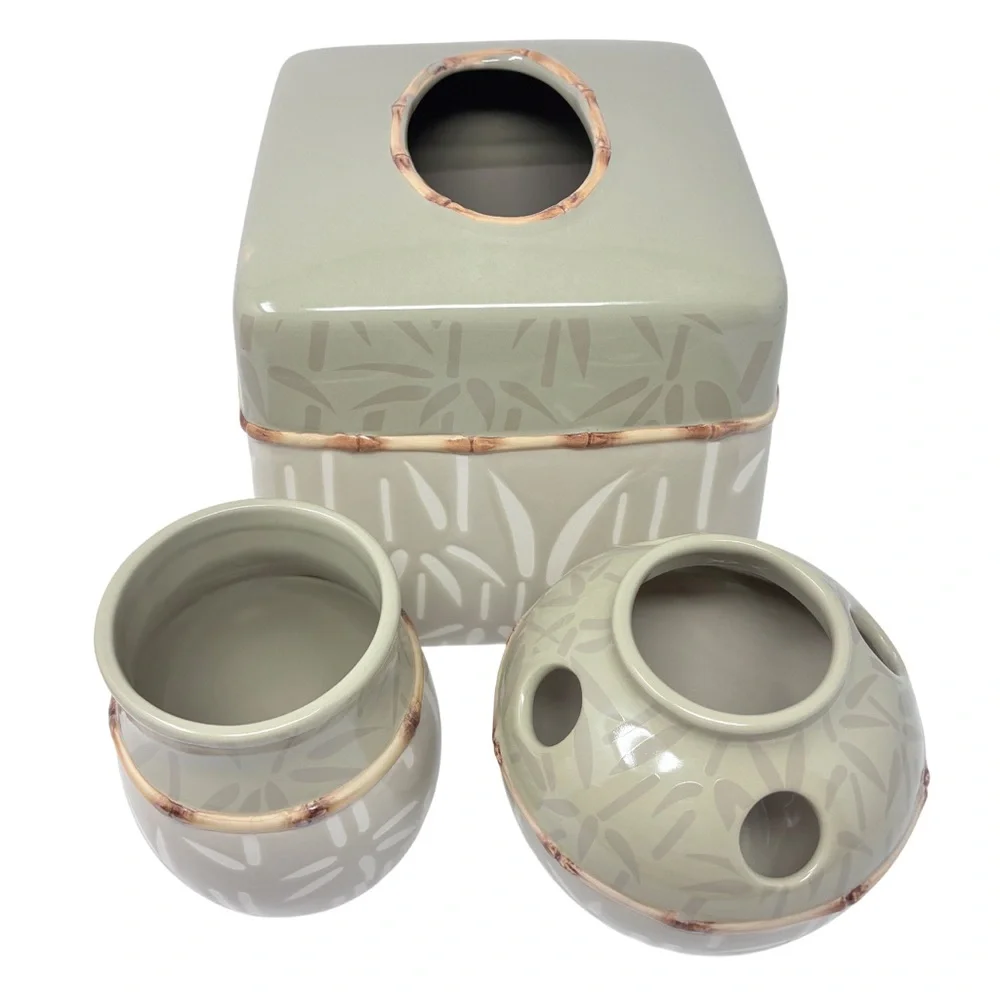 Sears Ceramic Bathroom Accessories Set Bamboo Themed Tissue Box Cover Toothbrush